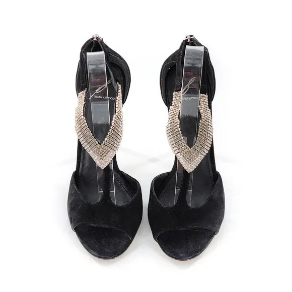 B BRIAN ATWOOD BFLORETO Suede Crystal Embellished Sandals T-Strap Black - Picture 4 of 14